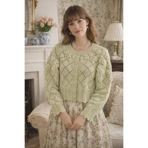 CAROLINE CONSTAS Sage Floral Appliqués Diamond Knit Cropped Cardigan S NWT